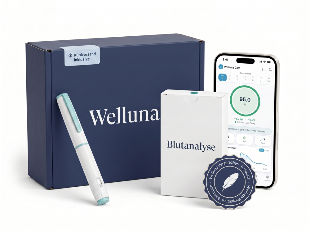 Welluna-Programm im Set: GLP-1-Medikament, Blutanalyse und Coaching-App mit Kühlversand